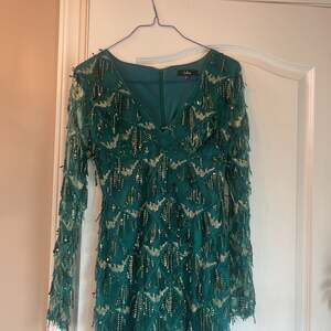Green Fringe Dress - Sequin Long Sleeve Dress - Fringe Mini Dress - ,